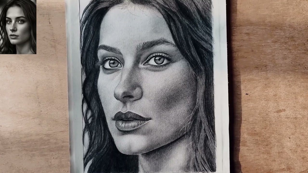Time-lapse realistic portrait drawing with graphite pencil