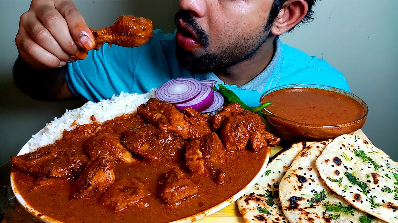 SPICY BUTTER CHICKEN 🔥 WITH  RICE AND BUTTER NAAN | EATING SHOW#HUNGRYpiran