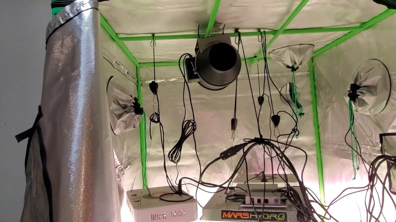 Set up Green Architecture grow tent and AC infinity inline fan and a mars hydro ts1000
