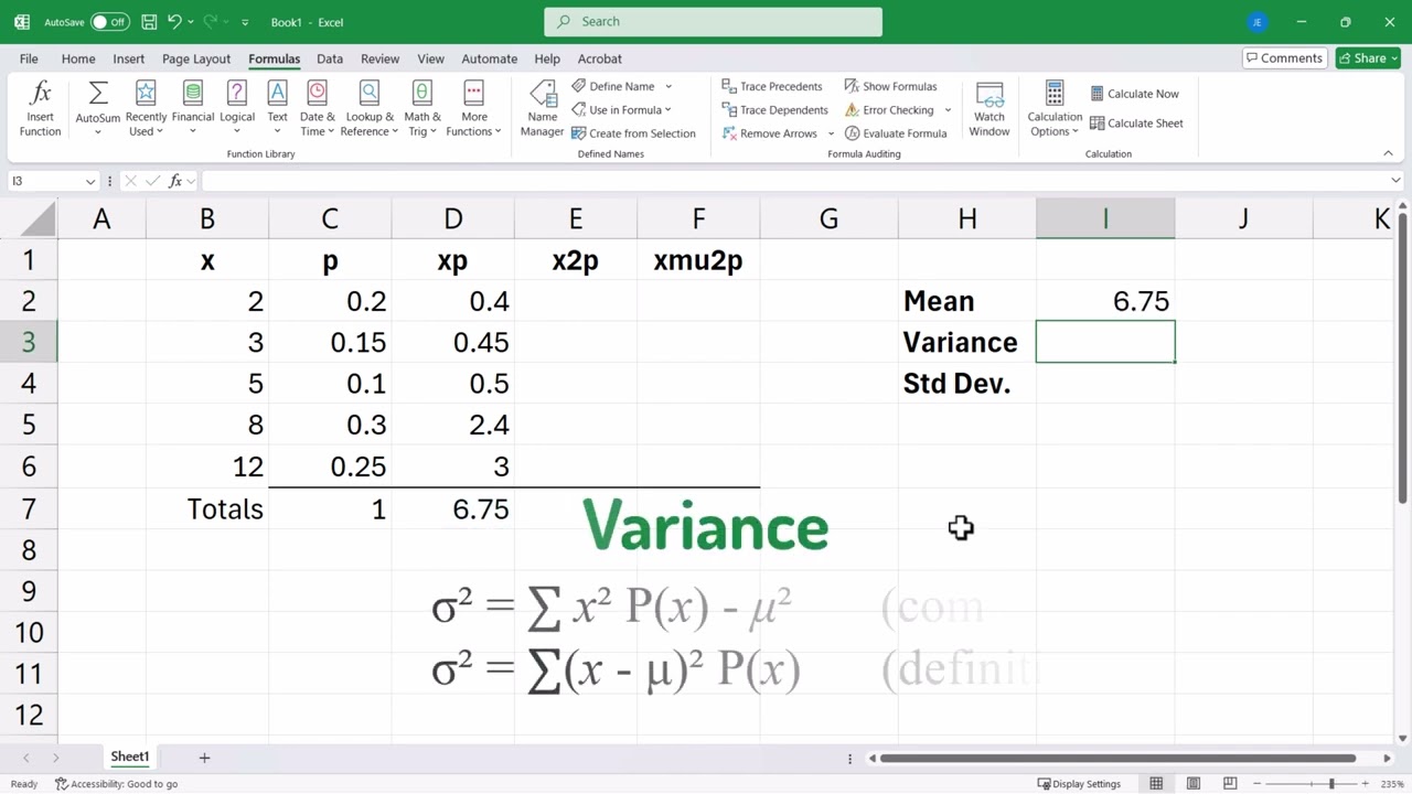 Discrete Probability Distribution -Mean, Variance, Standard Deviation -Excel 365 template