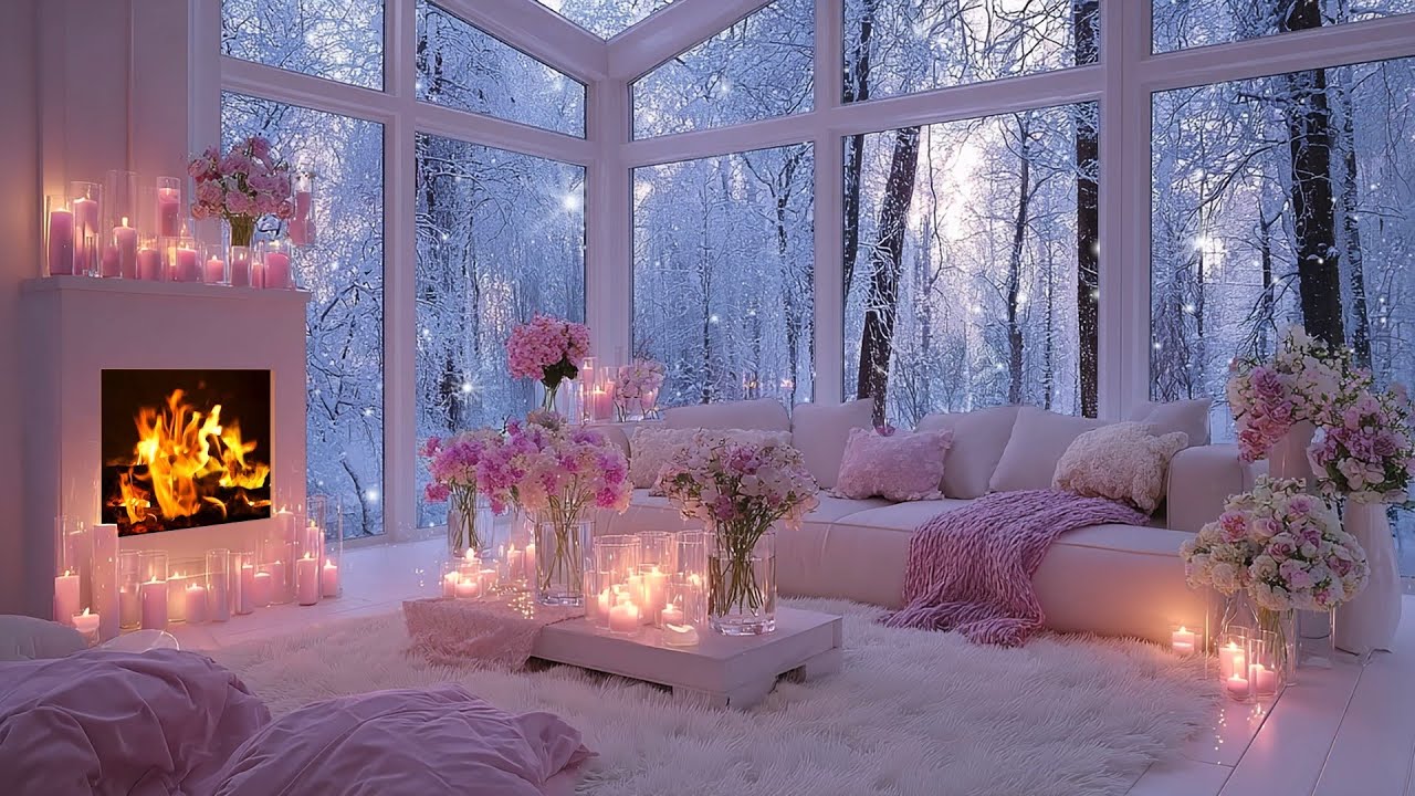 Romantic Winter Night ❄️ Cozy Living Room with Fireplace & Candlelight