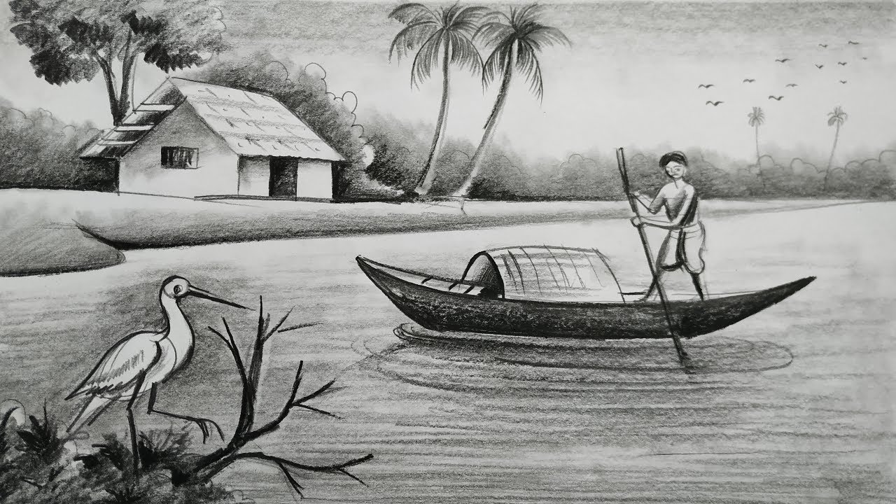 easy pencil sketch scenery drawing.landacape pahar and river side scenery drawing,village scenery,