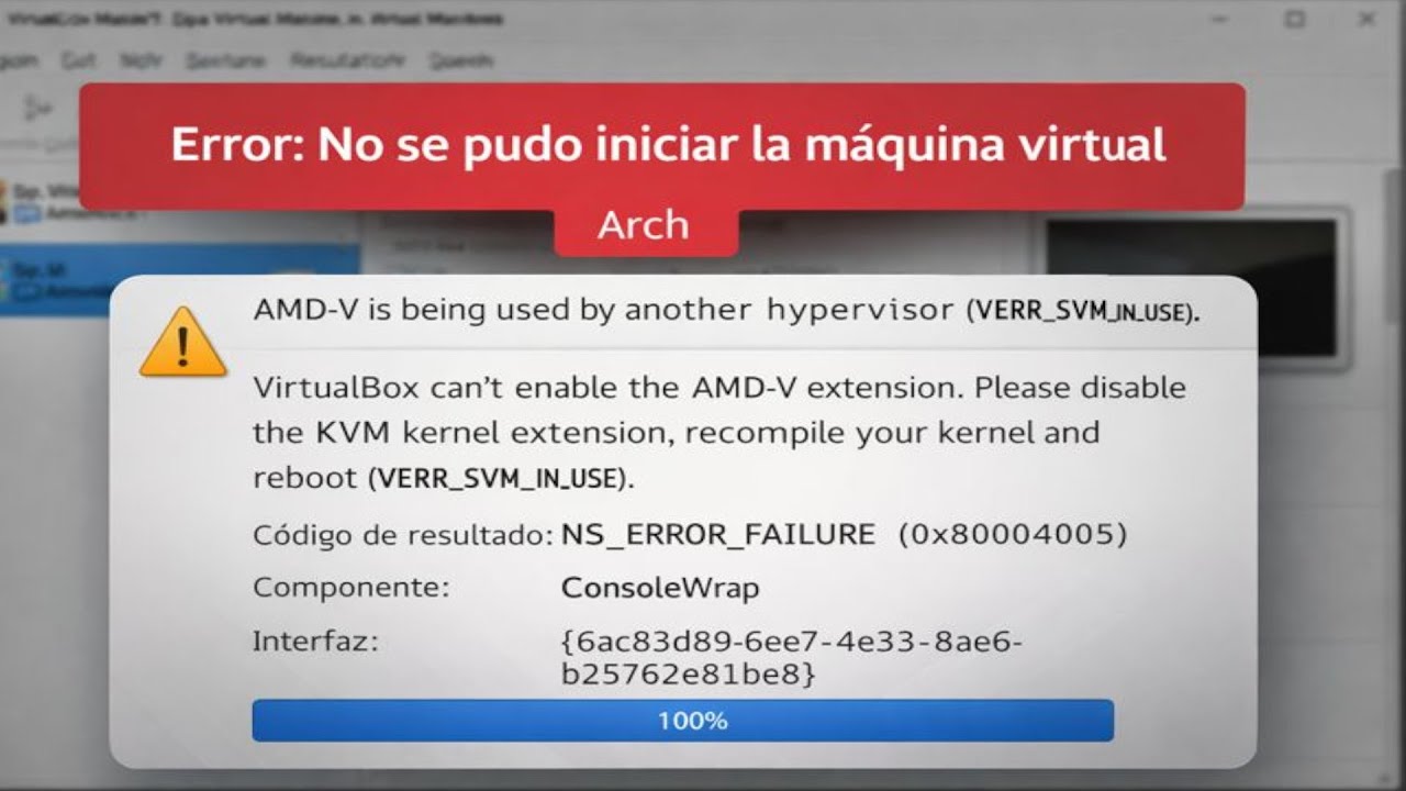 Error VirtualBox en Debian 13: AMD V KVM, no inicia la máquina virtual