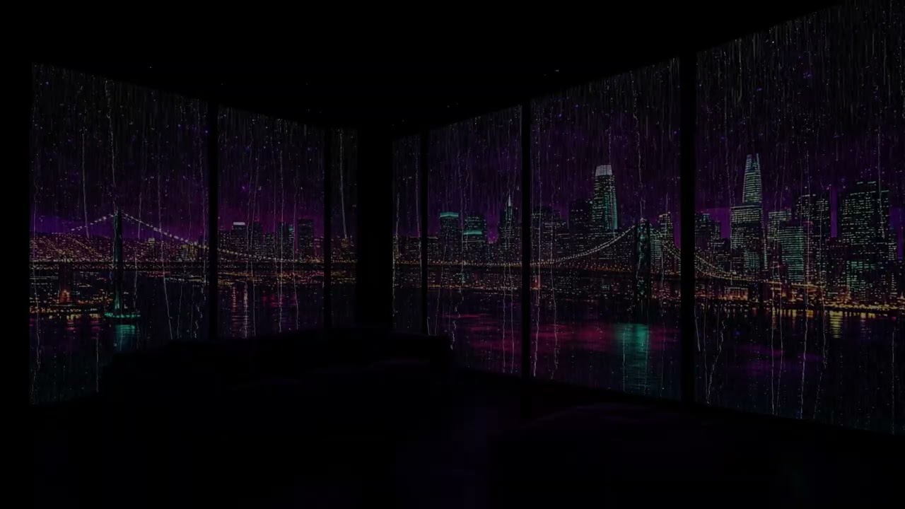 Rainy NYC Night 🌙🏙️ Luxury Bedroom with Purple Neon Lights & Relaxing Rain Sounds