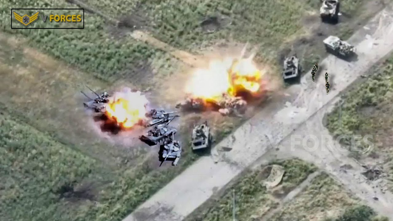 Russian Tank column exploded in brutal attack of the 45th Ukrainian artillery brigade