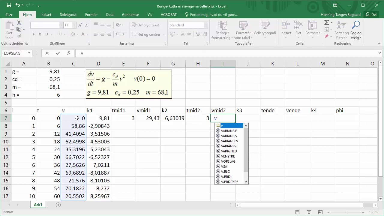 07 Runge-Kuttas fjerdeordensmetode i Excel