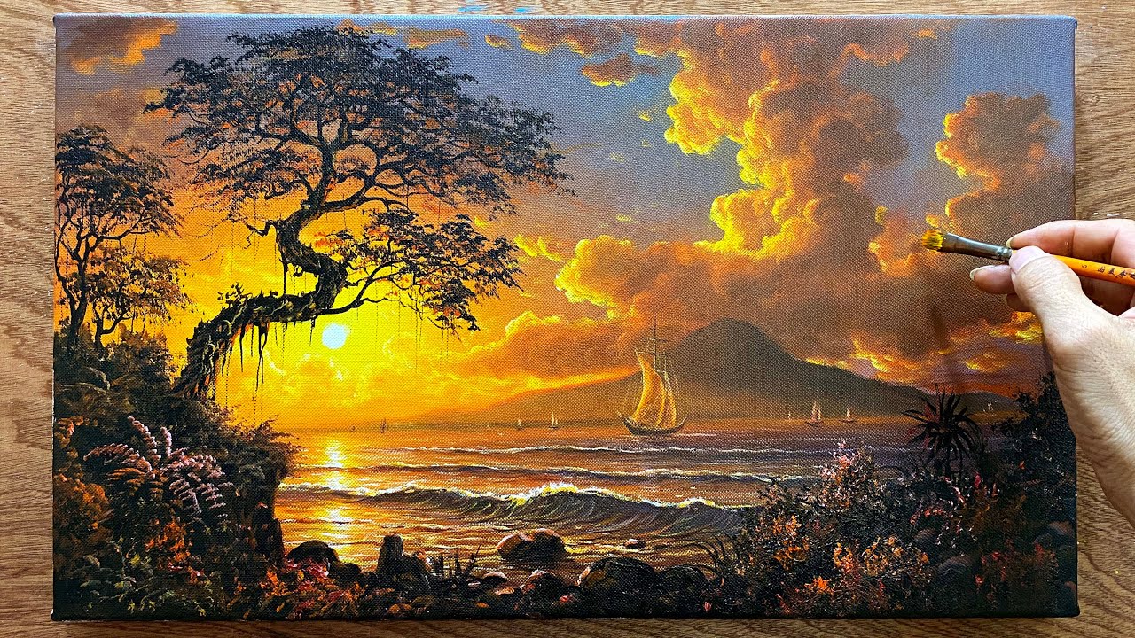 Techniques for painting sunsets at sea / Beautiful coastal landscape paintings / A Lu Art.