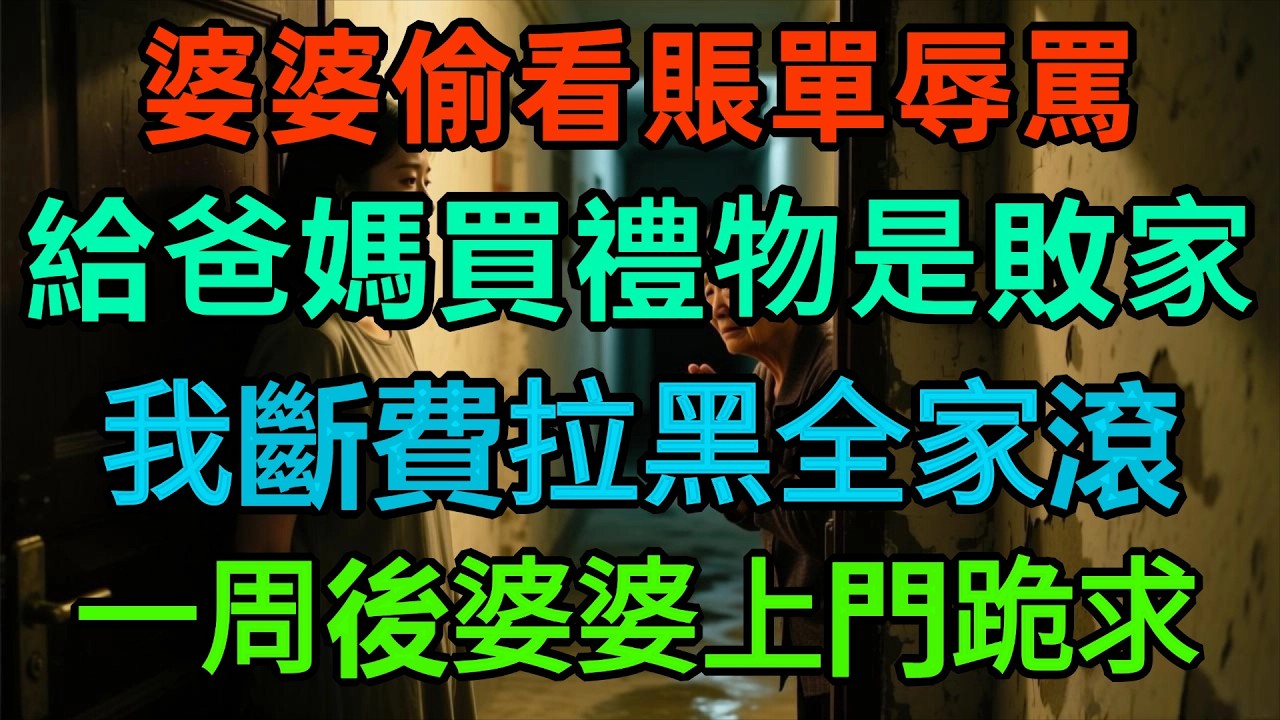 婆婆偷看我账单，骂我给爸妈买东西是败家！我当场断生活费拉黑全家，一周后她上门跪求原谅！