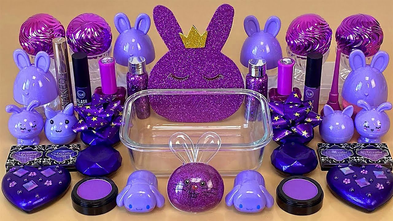 ASMR Slime Purple 💜 Mixing eyeshadow, makeup and glitter into Slime. Relaxing slime video.