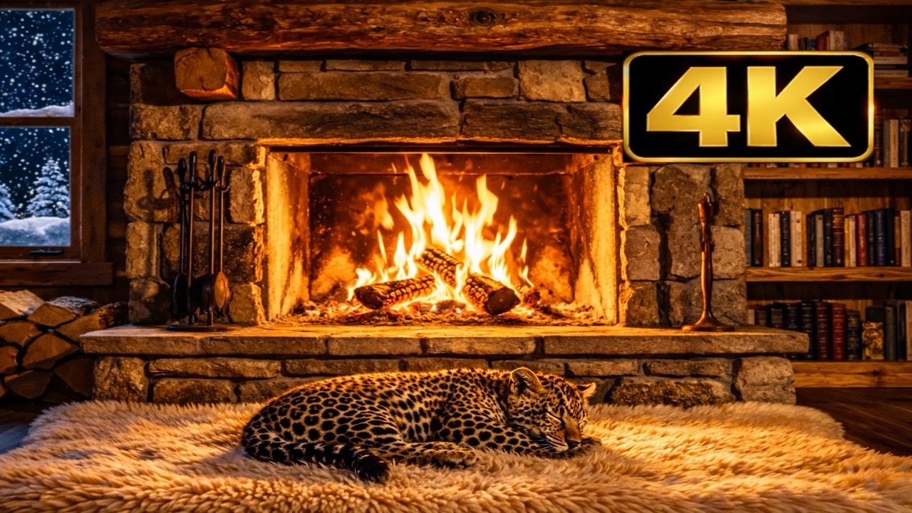 Cozy Cabin Fireplace 🔥 Sleeping Baby Leopard & Gentle Snow Outside | Deep Sleep Ambience