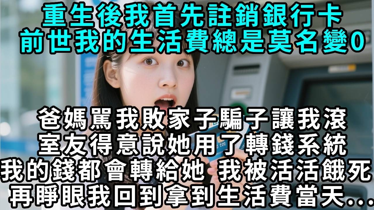 重生後我首先註銷銀行卡，前世我的生活費總是莫名變零，爸媽罵我敗家子、騙子，讓我滾。臨死前室友得意說，她用了轉錢系統，我的錢都會轉給她，我最後被餓死。再睜眼，我回到拿到生活費當天……