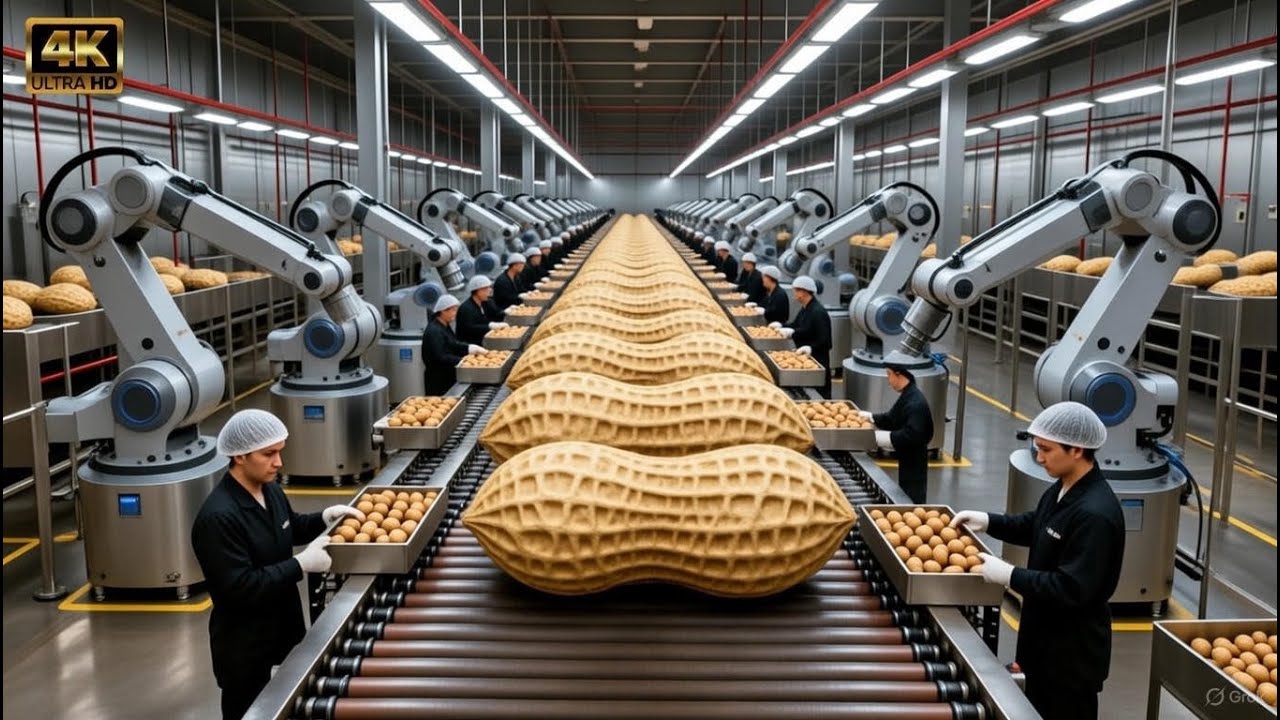 Di Dalam Pabrik Selai Kacang Dari Kacang Mentah Menjadi Selai Kacang Krim dalam Toples Proses Lengka