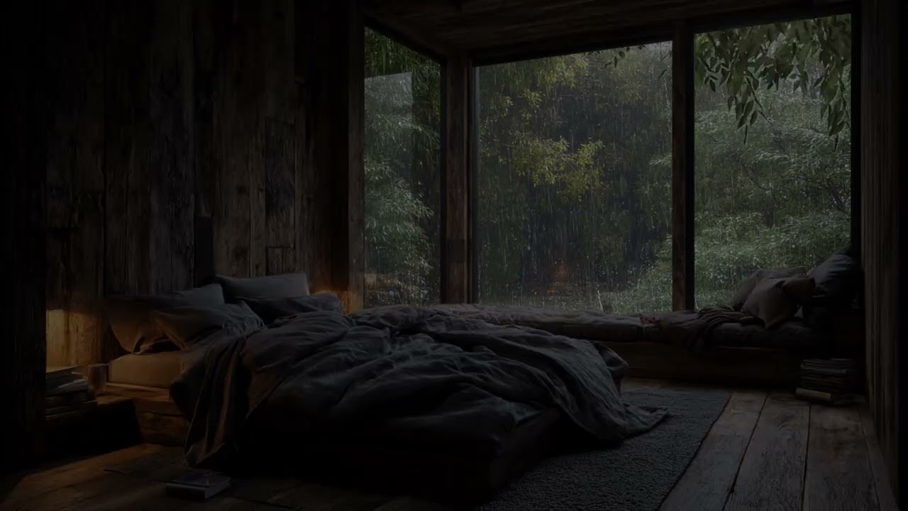 Gentle Forest Rainfall Outside A Cozy Bedroom Window For Deep Night Sleep