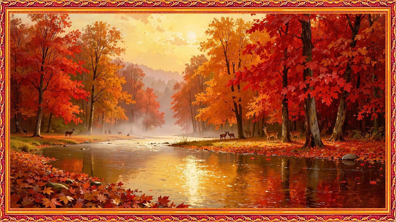 4K Gold Frame TV Art 🍂 Autumn River Forest | Ambient Nature Gallery