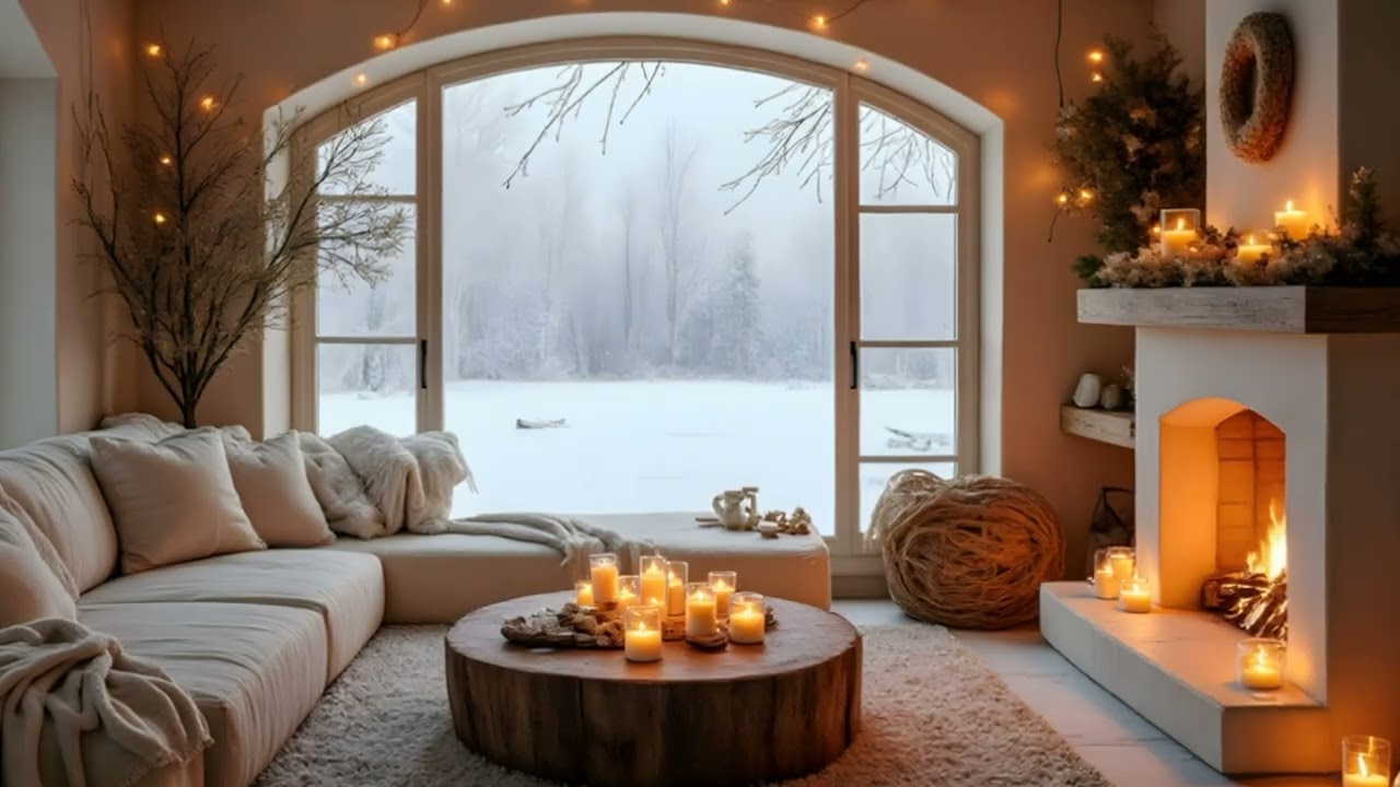 Winter Cabin Fireplace Ambience with Snow Outside | Relaxing Fire & Soft Snow Sounds for Relax