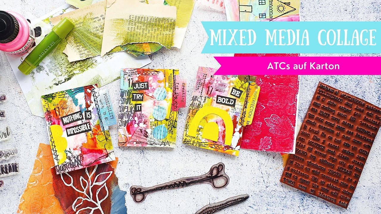 Mixed Media ATCs auf Karton mit Collage Papierresten