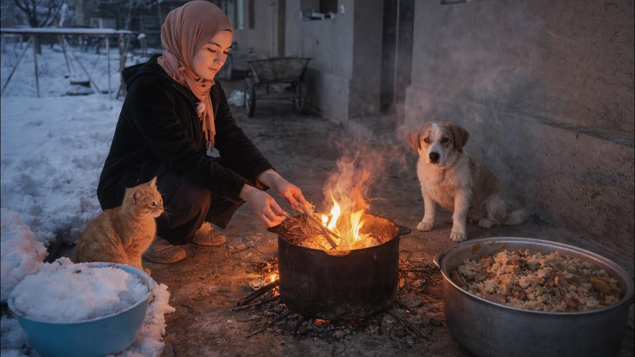 Cozy Winter Cooking Outside | Snow & Fire Sounds