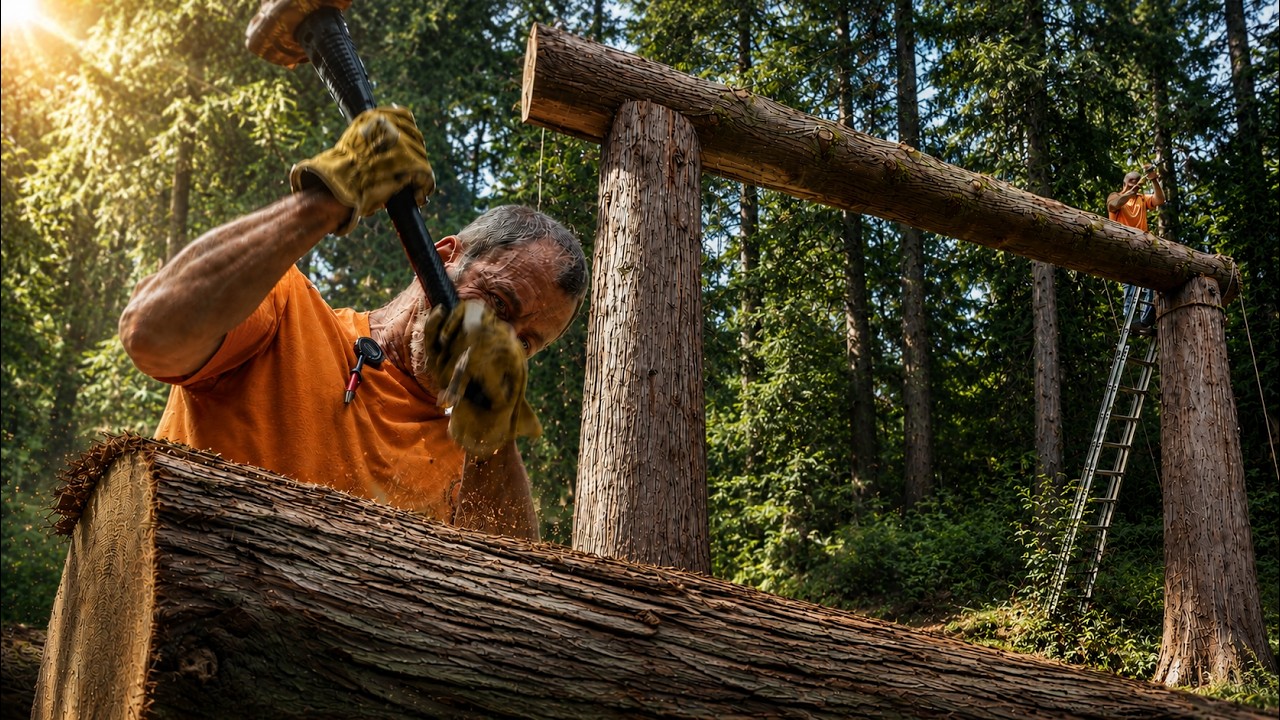 Строительство бревенчатой арки в лесу