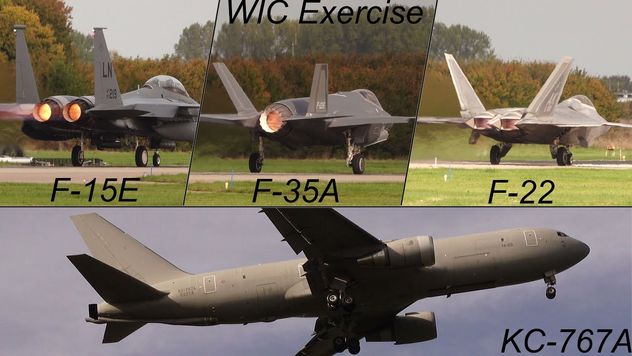 [4K] Leeuwarden Airbase I WIC Exercise I US-Airforce F-15E, F-22 & F-35 I AM KC-767A I with ATC