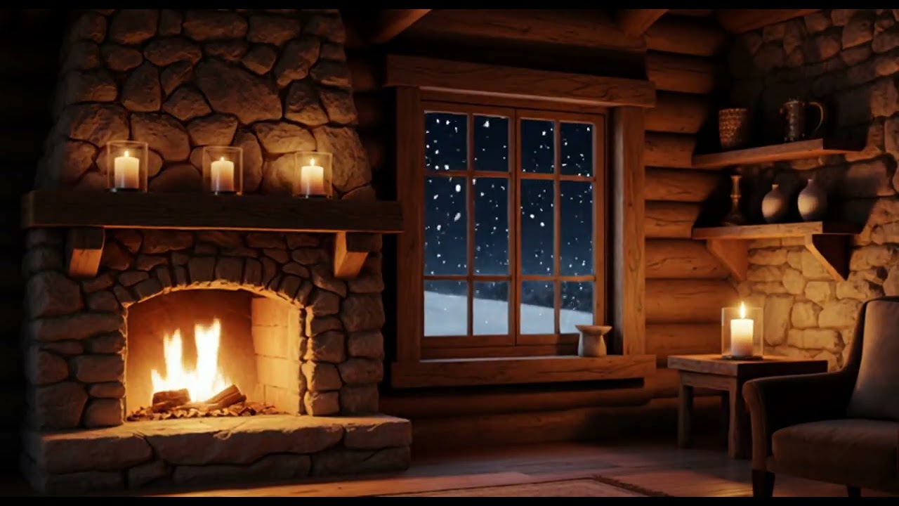 Cozy Winter Cabin Ambience | Fireplace, Candles & Snow Outside | 7 Hours