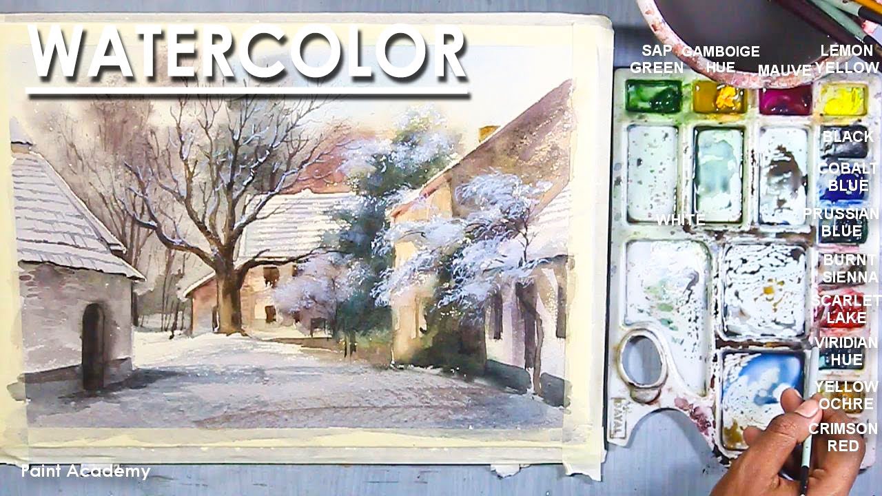 Watercolor Winter House Landscape Painting | step by step coloring