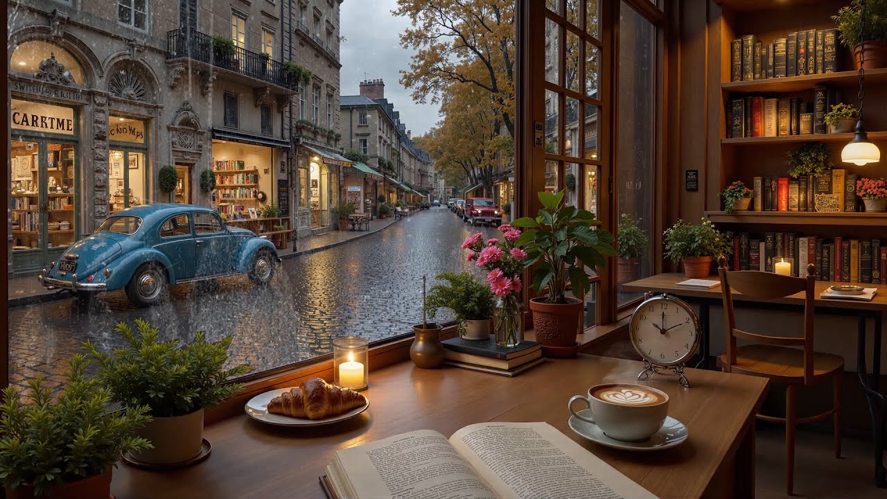Relaxing Fall Jazz Piano 🍁 Rainy Window View & Cozy Ambience in the Alps For Study
