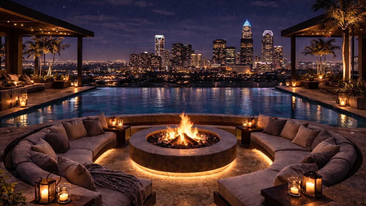 Charlotte Rooftop Firepit Jazz ✨ Infinity Pool Night Ambience for Study, Focus & Relaxation