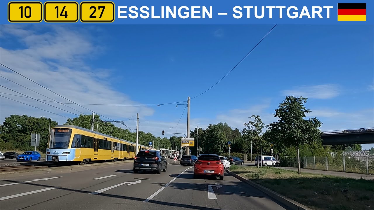 Driving in Germany. From Esslingen to Stuttgart. 4K