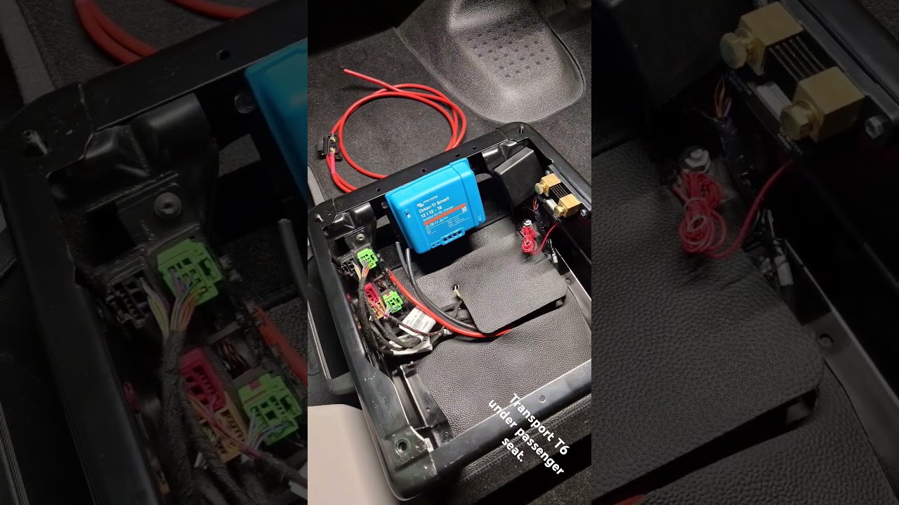 Vw Transporter T6 leisure battery installed under the passenger seat.