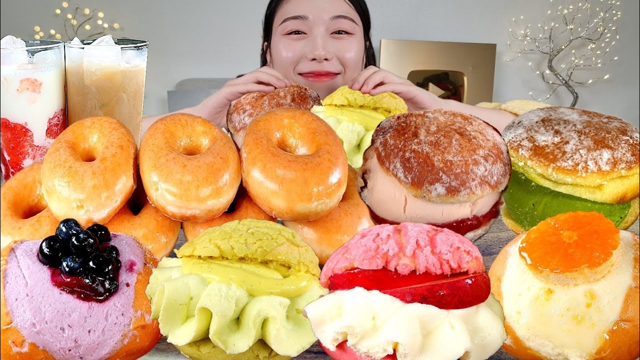 ASMR 도너츠특집🍩 크림가득 크리스피도넛 노티드도넛 딸기라떼 바닐라라떼 디저트 리얼먹방 :) Donut 🍩 Dessert MUKBANG