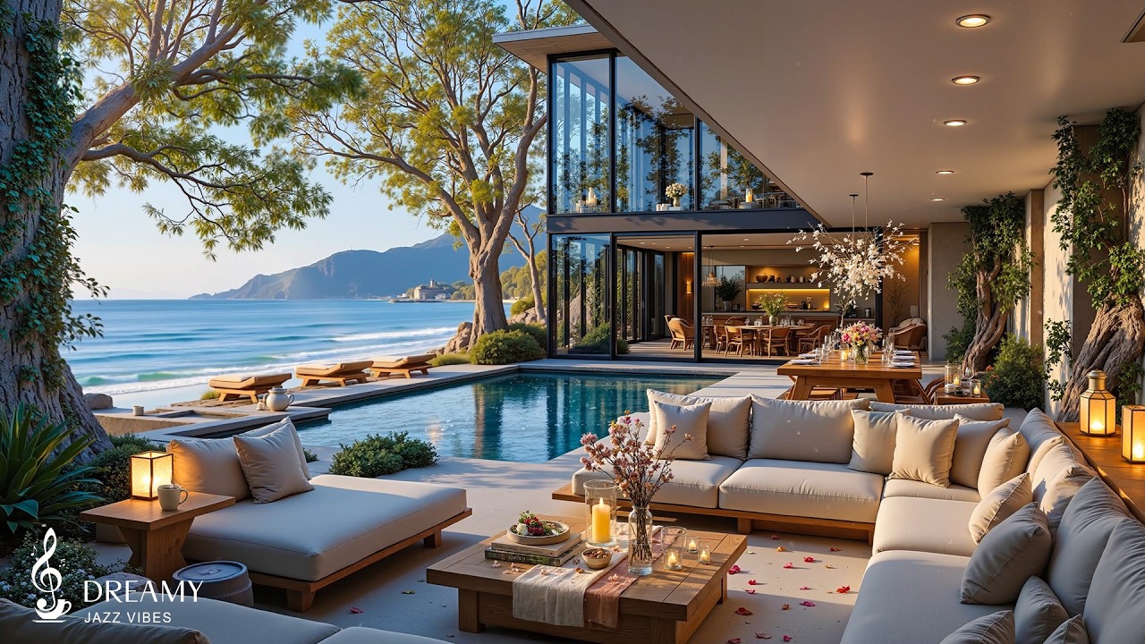 Smooth Jazz at Luxury Seaside Villa Ambience | Calm Morning Jazz & Nature Therapy For Work, Focus