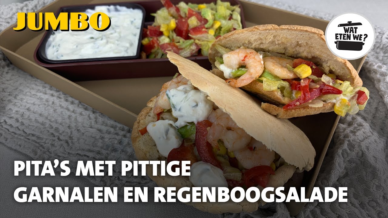 Wat eten we? Pita's met pittige garnalen en regenboogsalade