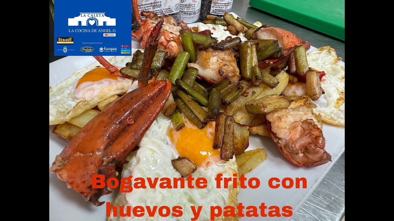 Bogavante frito con huevos y patatas
