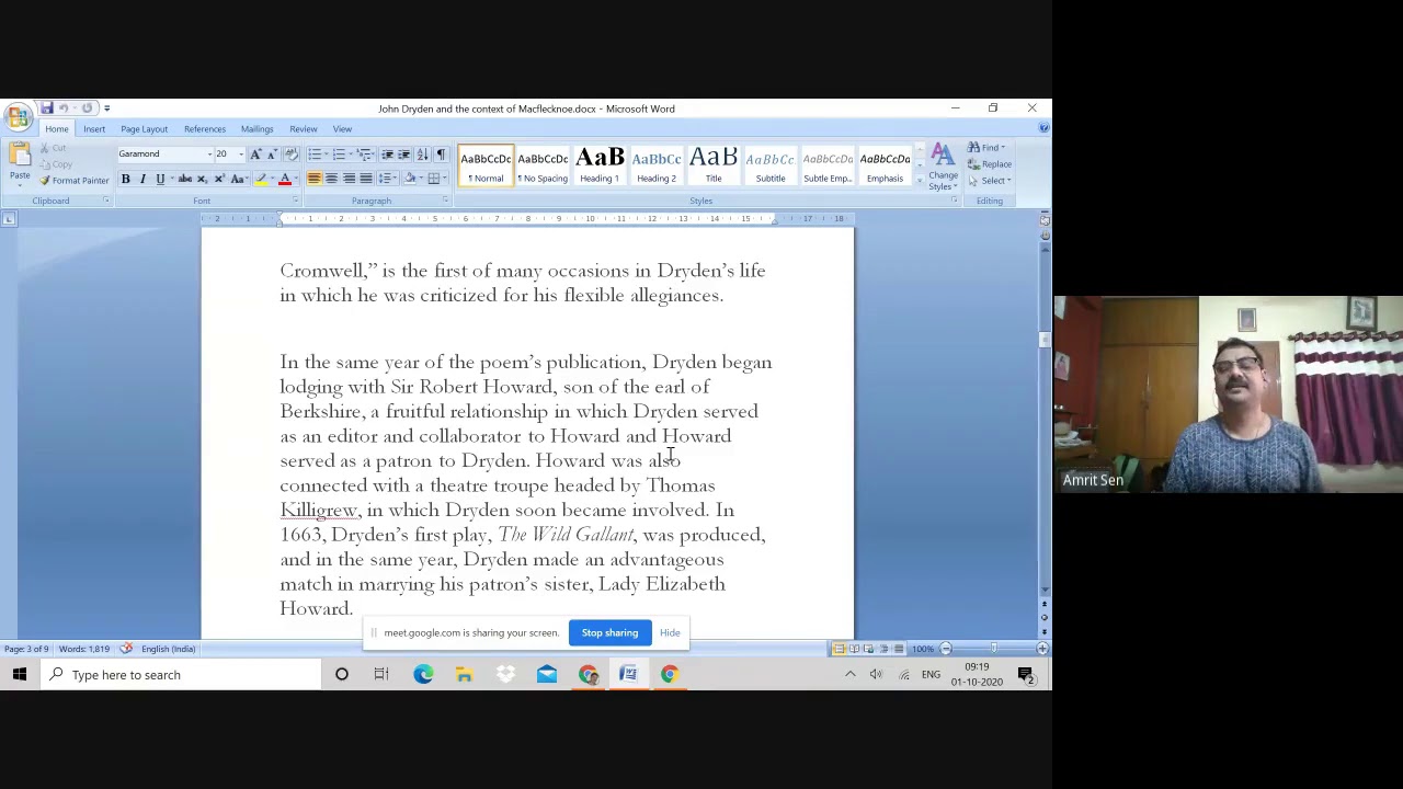 John Dryden: His Life, Times and Work. Professor Amrit Sen
