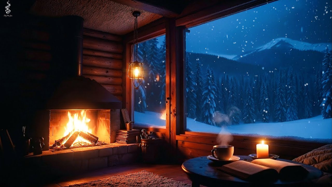 Warm Jazz Music & Fireplace Sounds | Cozy Winter Cabin Ambience for Work, Study, Focus
