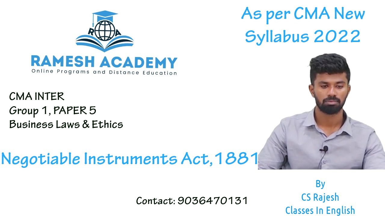 CMA Inter |Paper5| Section A|  Negotiable Instruments Act, 1881| Class In English by CS Rajesh