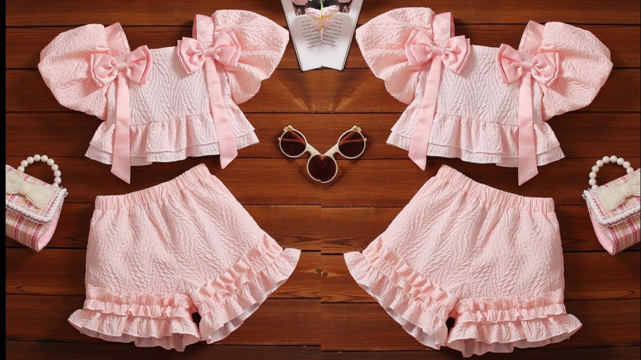 Beautiful Bow Front Folded Puff Sleeve Baby Top With Ruffle Hem Shorts Cutting and Stitching