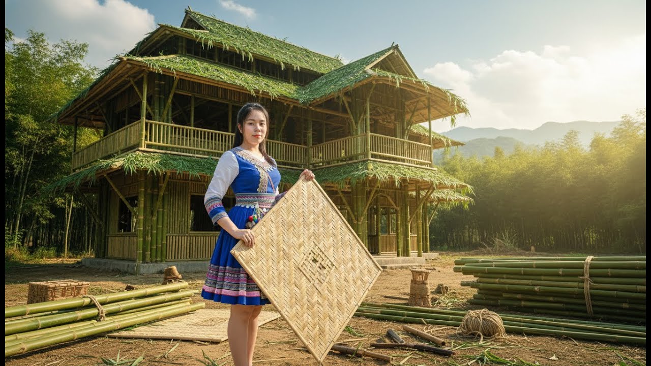Survival Skills: Girl Constructs Amazing Green Bamboo House Alone