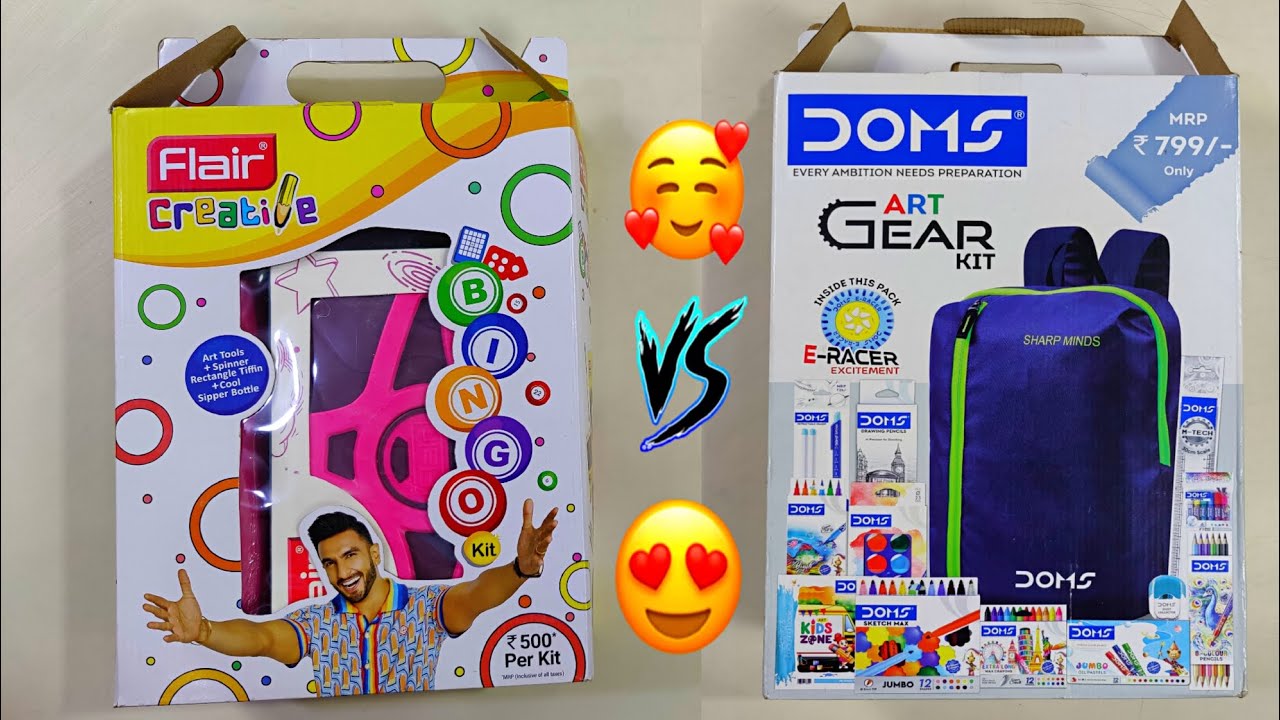 Flair Bingo Kit vs Doms Art Gear Kit, stationery items, pencil, colour, pencil case, smart kit, pens