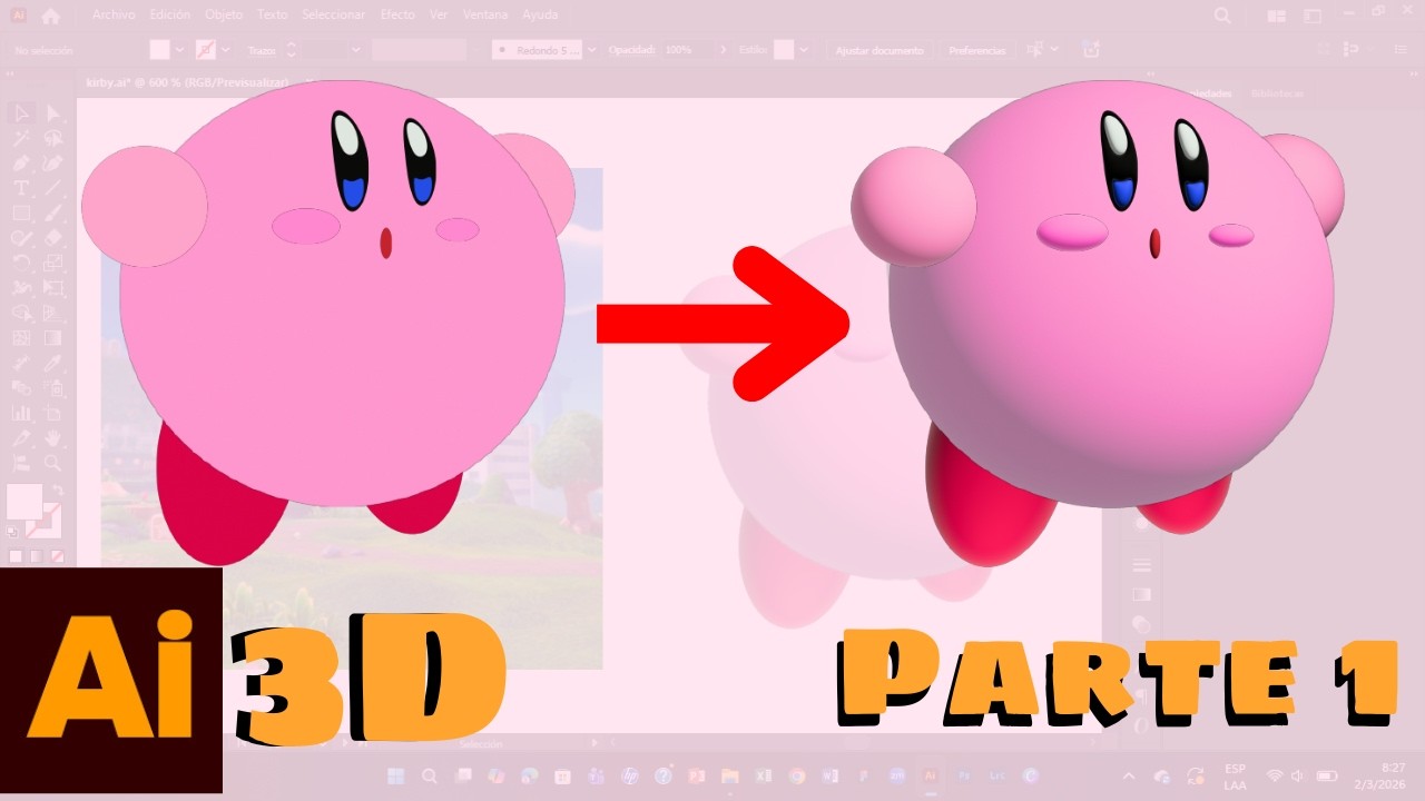 Práctica con kirby usando la herramienta 3D y materiales (Inflar) del Ilustrador| Parte 1
