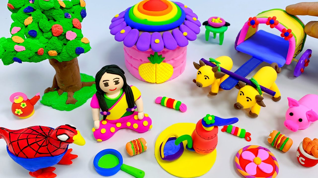 DIY Miniature Village Life 🌿 | How to Make a Clay Girl, Ox Cart🍱🥪🍎Cute Soft Clay / Clay Craft Ideas