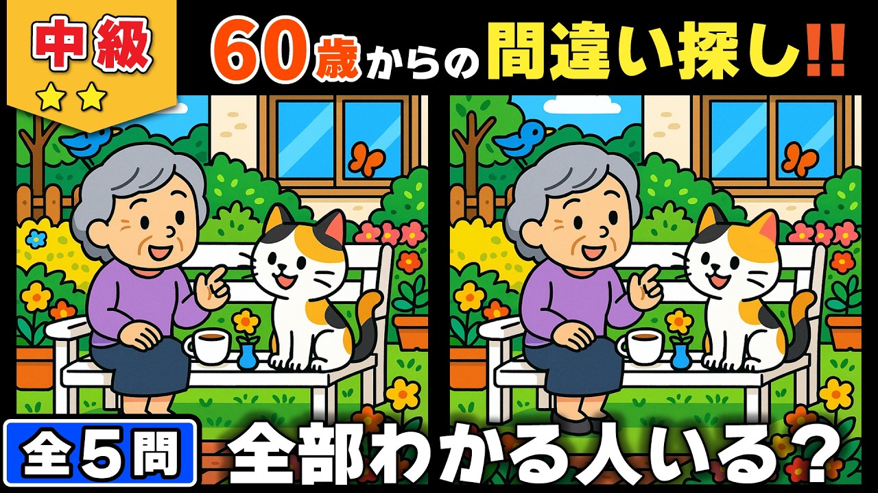 【脳トレ】間違い探し★中級編★全5問｜あなたは全部見つけられる？観察力チェック #195