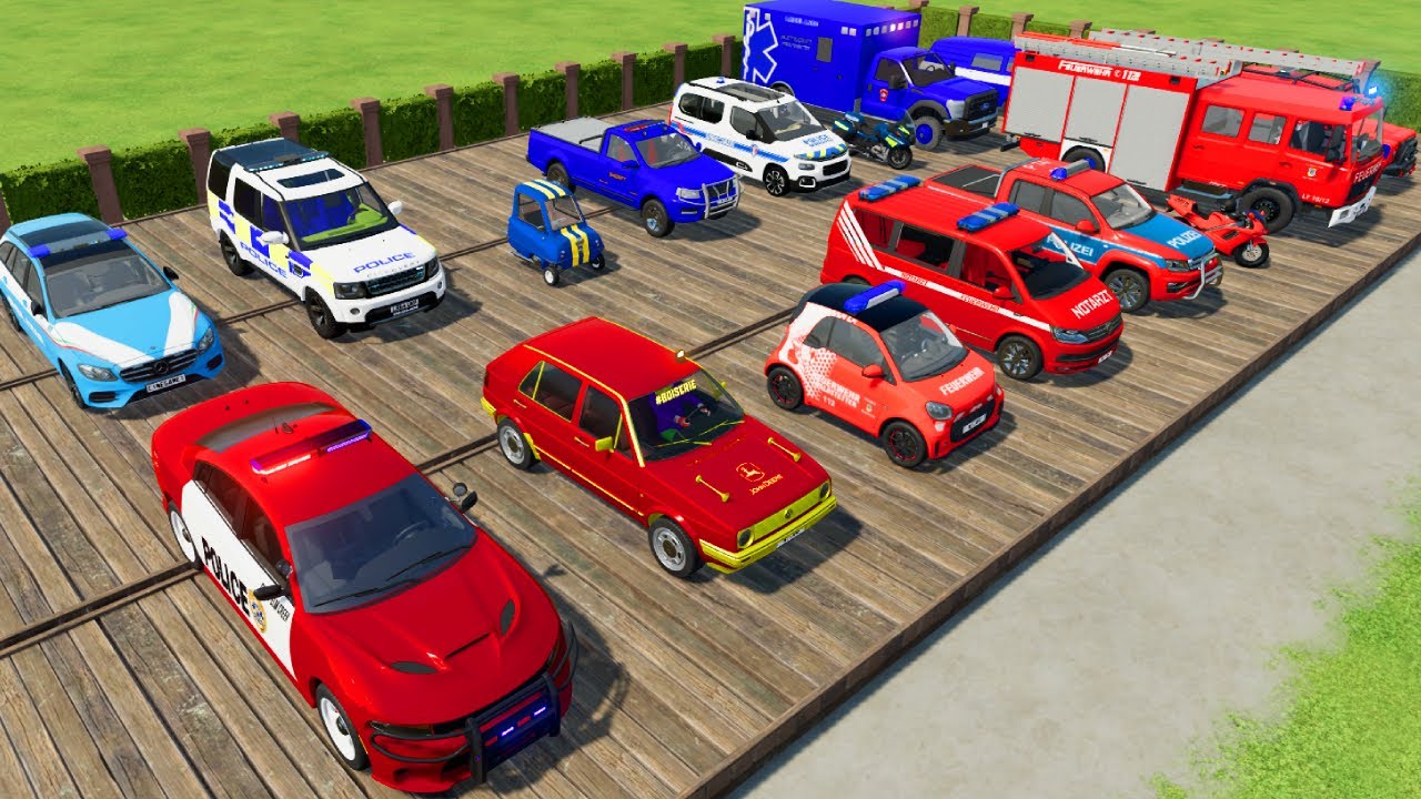 TRANSPORTING POLICE CARS, FIRE TRUCK, CARS, AMBULANCE OF COLORS! WITH TRUCKS! - FARMING SIMULATOR 22