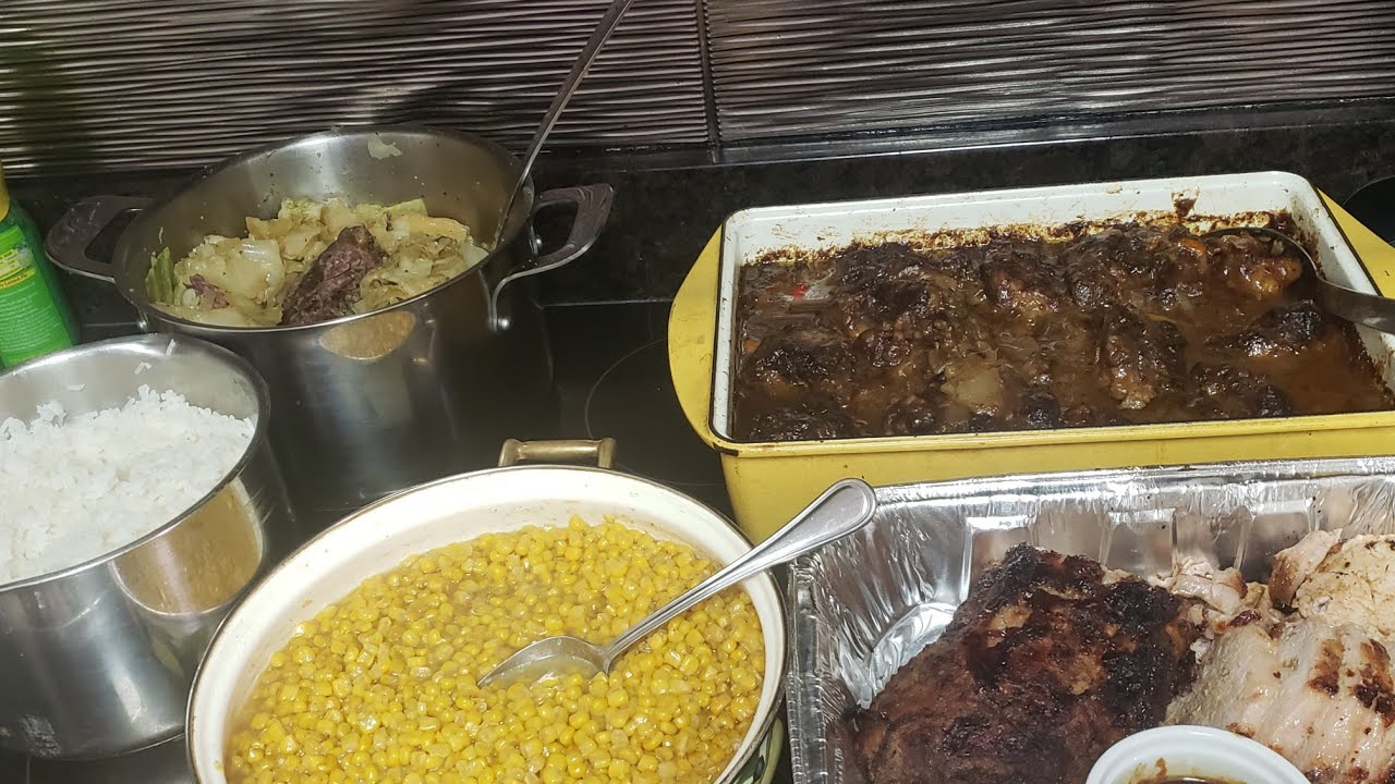Sunday Dinner! Oxtails,Rice, Steamed Cabbage, Roasted Pork and Sweet Whole Kernel Corn!