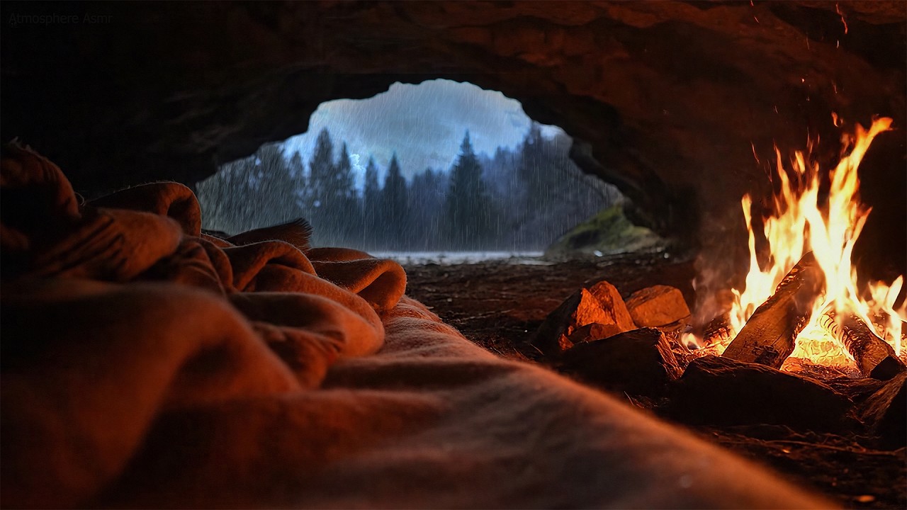 ⛈️🔥 Lluvia en Cueva y Fogata Crepitante 4K | ASMR 3H para Dormir