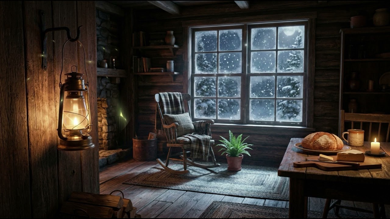 Winter Cabin Stillness for Deep Sleep – Warm Lantern Glow, Quiet Snow & Moonlit Calm