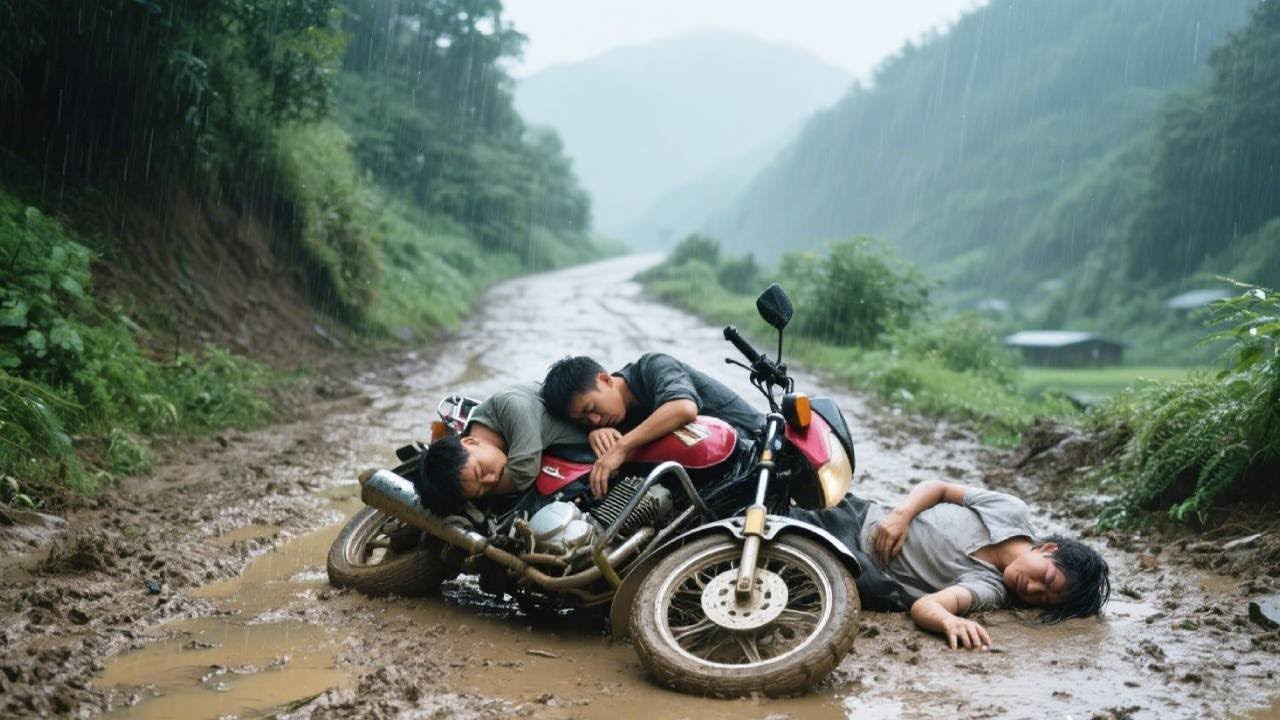 Three people riding a motorcycle fainted in the middle of the road.