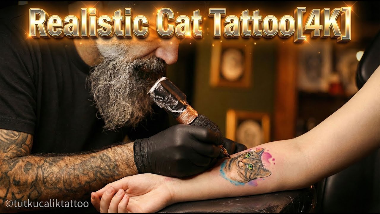 Realistic Cat Tattoo with Watercolor Splash - Full Process