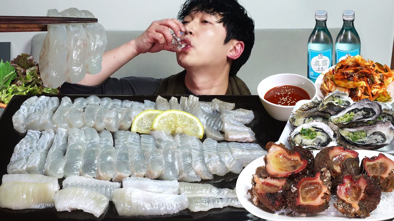 Моя любимая сырая рыба (сашими из камбалы), асцидия, устрица MUKBANG REALSOUND ASMR EATINGSHOW