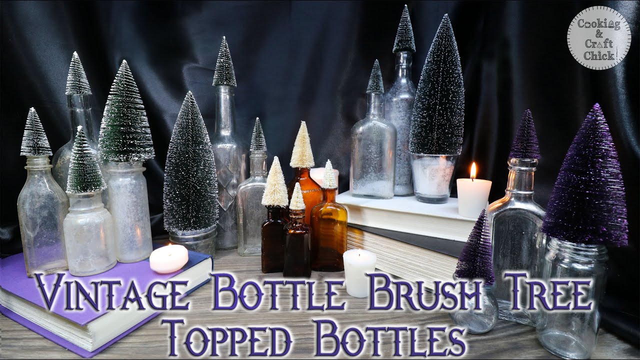 Antique Bottle Brush Tree Topped Bottles : DIY Upcycling Project : Trash to Treasure Christmas Decor